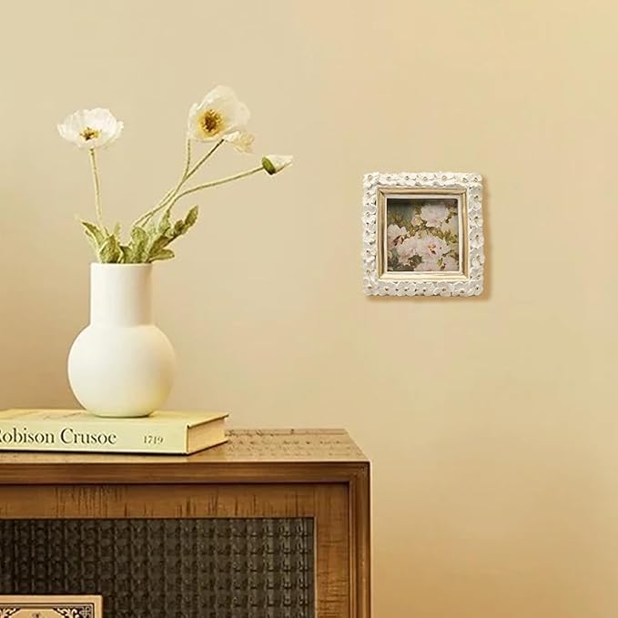SYLVIA'S SHOP 3x3 Small Vintage Picture Frame, Mini Antique White Ornate Square Photo Frame, for Tabletop and Wall Display, Decorative Floral Design Retro Home Decor, Photo Gallery Art
