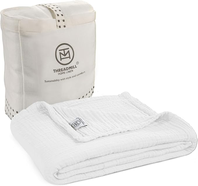 Threadmill Muslin Throw Blanket | 4 Layer 100% Cotton Gauze | Lightweight, Breathable, and Soft All Season Blanket | 50 x 65 Cozy Throw for Sofa, Couch & Bed | White
