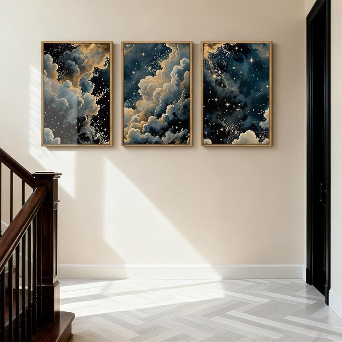 HPNIUB Dreamy Starry Night Sky Framed Wall Art Set,Moody Celestial Wall Decor,Modern Abstract Manimalist Gothic Printing,Natural Stars Illustrations Artwork for Living Room, Bedroom,Office-16''x24''x3