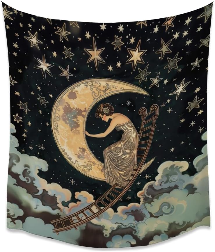 Dark Academia Gothic Aesthetic Tapestry ladder to The Moon and Stars Wall Hanging Print Trendy Vintage Art Nouveau Tapestries Decor for Home Bedroom Living Room 70x90inch