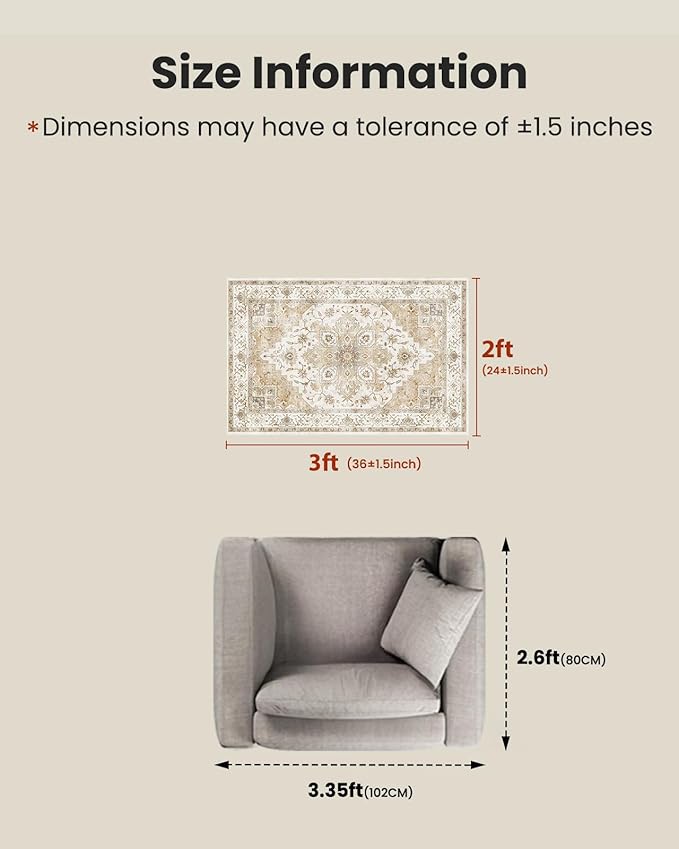 AMADA HOMEFURNISHING 2x3 Washable Area Rug, Low-Profile Entryway Rug with Non-Slip Backing & Durable Edge Binding, Vintage Rug Pattern, Small Rugs for Entryway, Kitchen & Living Room