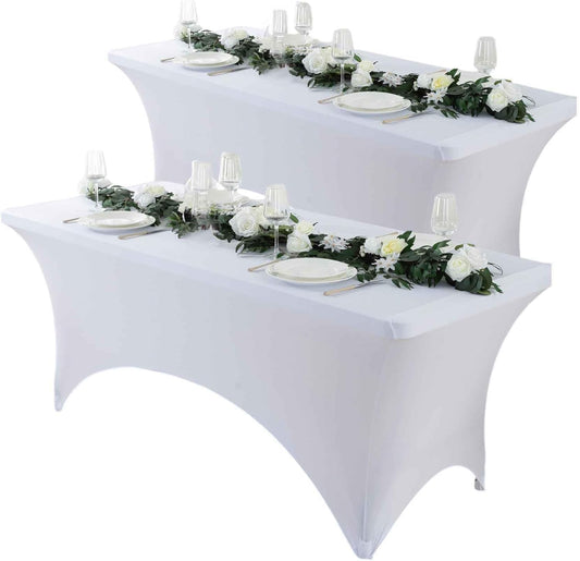 Craft And Party 2 Pack 4ft White Spandex Tablecloth – Fitted Stretch Cover – Universal Fit for Folding Tables – Wrinkle-Free, Washable – Ideal for Parties, Weddings, Events