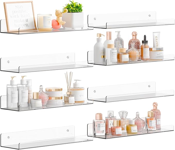 Yieach 8 Pack 15" Acrylic Shelves for Wall,Bathroom,Bedroom - with Adhesive - No Drilling Clear Floating Shelves for Funko Pop,Lego,Action Figures,Nail Polish,Perfume Shelf and Wall Storage & Display