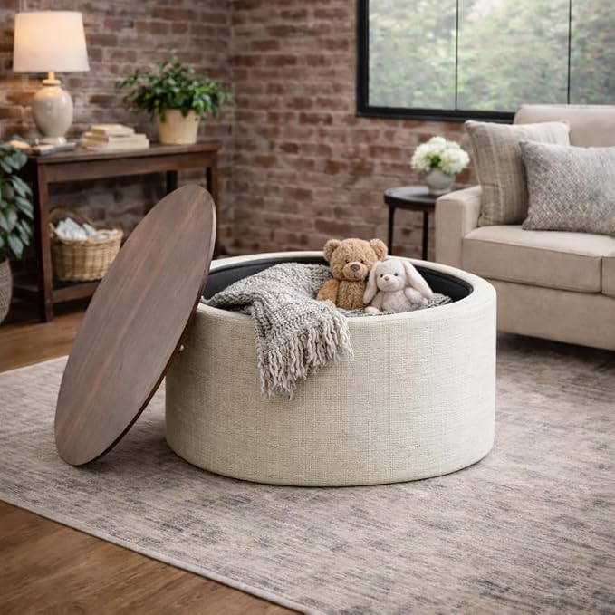 HomePop Modern Fabric Storage Ottoman with Wood Top - Stain-Resistant Cream Woven