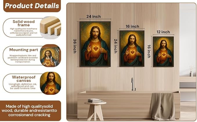 Eysintum Sacred Heart of Jesus Large Canvas Wall Art, Christian Catholic Religious Wall Decor, Faith Art for Bedroom Living Room Prayer Room, Ready to Hang 24x36 Inch