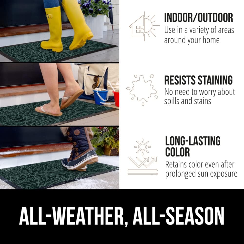 GORILLA GRIP 100% Waterproof All-Season WeatherMax Doormat US Designed Natural Rubber, Stain and Fade Resistant, Low Profile Indoor Outdoor Door Mats, Easy Clean Patio Mat, 17x29, Green Palm