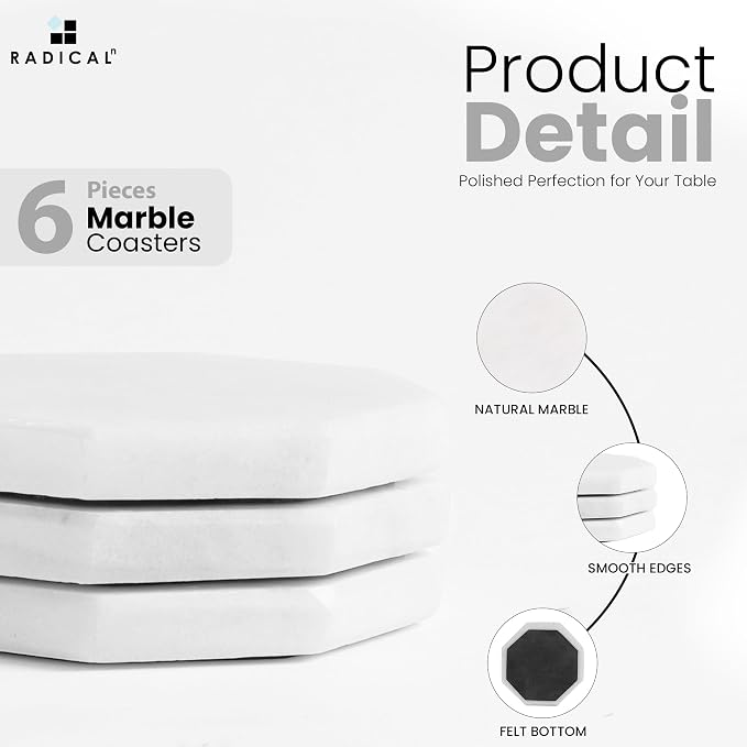 Radicaln White Marble Coasters Set of 6 Handmade 3.5" Inch Star Coasters for Drinks, Elegant Stone Coasters for Home, Office & Kitchen Decor