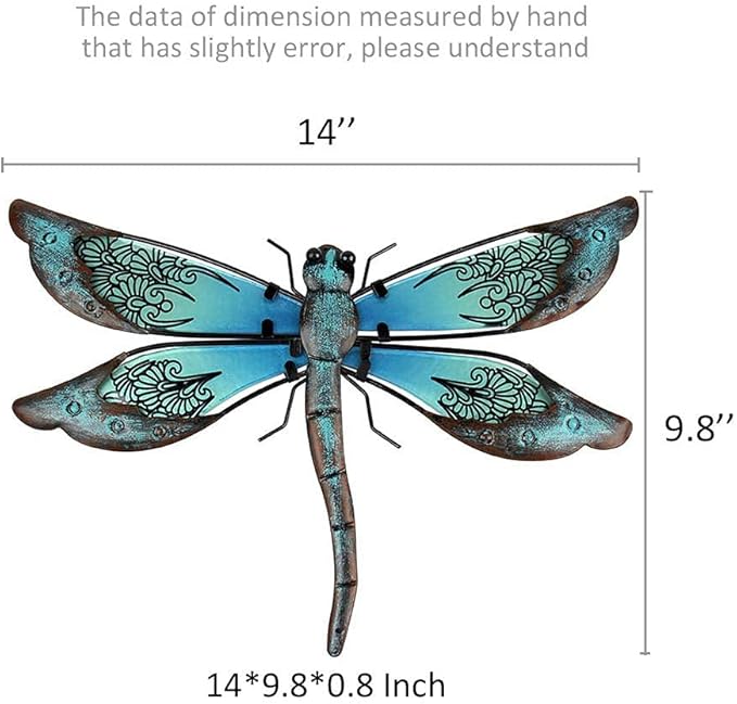 LIFFY Metal Dragonfly Wall Decor - Outdoor Garden Art for Patio, Living Room, Bedroom - Dragonfly Gifts (14inch, Metal & Glass)