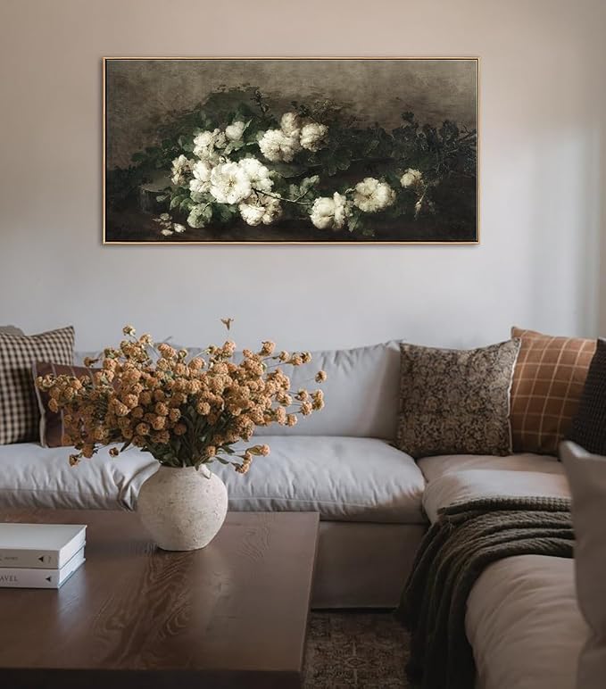 DJSYLIFE Vintage White Rose Still Life Framed Wall Art, Classical Painting | 20x40 Inch Floral Canvas Print, Solid Wood Frame, Ready to Hang, Elegant Decor for Living Room, Bedroom, Above Bed