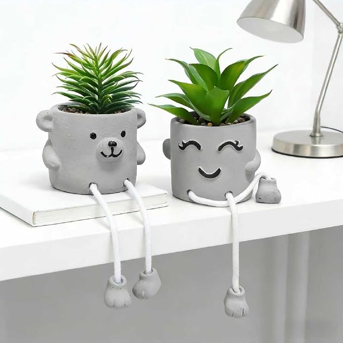 Zerzsy Faux Succulents in Cement Pots with Hanging Leg, Potted Mini Fake Plants for Office Desk Decor, Artificial Succulent Plants Indoor Decorations - Set of 2