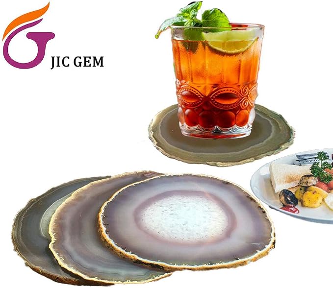 JIC Gem Natural Sliced Agate Coaster with Rubber Bumper Set of 4 (3-3.5", Natural)