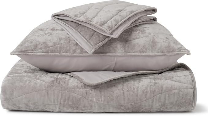 EverGrace Luxury Velvet Quilt King Size, Ultra Soft Wave Crushed Velvet Bedding Set, Lightweight Quilted Comforter Set for All Season, Oversized Bedspread Coverlet with 2 Shams, Silver Gray