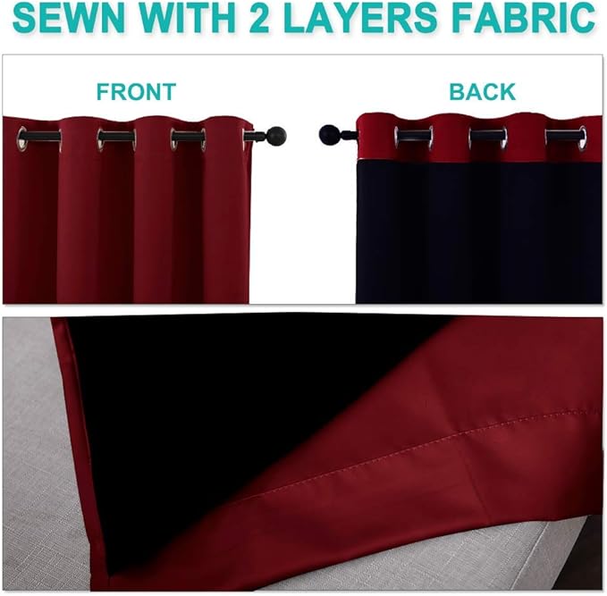 NICETOWN 100% Blackout Curtains with Black Liner Backing, Thermal Insulated Curtains for Living Room, Noise Reducing Drapes for Christmas, Burgundy Red, 55 inches x 86 inches Per Panel, Set of 2