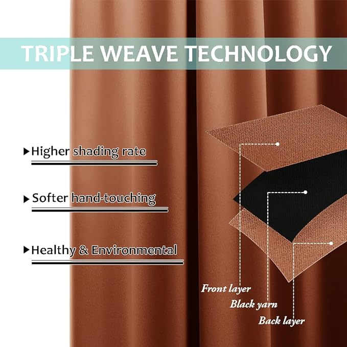 NICETOWN Extra Long Truly Blackout Drapes for Hall and Villa, 46" Width Each Panel, 45" Length, Burnt Orange, 2 Pieces, 100% Blackout Window Curtain Panels with Black Lined for Night Shift Worker