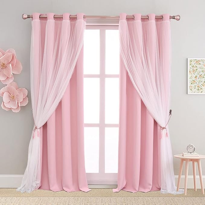 Pink Double Layer Curtains 90 Inch Length- Baby Pink Blackout Curtains with White Sheer Voile for Bedroom, Living Room and Nursery, Girl's Blocking Curtains, 52 x 90 inch