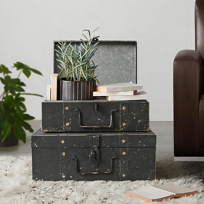 Vintage Metal Storage Trunks - Set of 2, Antique Decorative Storage Chests with Lids, Decorative Suitcase Boxes, Vintage Suitcases for Keepsakes and Home Decor, Black