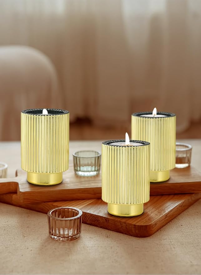 Serene Spaces Living Gold Ribbed Pedestal Glass Votive Holder, Table Centerpiece, Home, Office, Wedding, Birthday, Holiday & Special Events Decor, 3.5" Diameter & 5" Tall