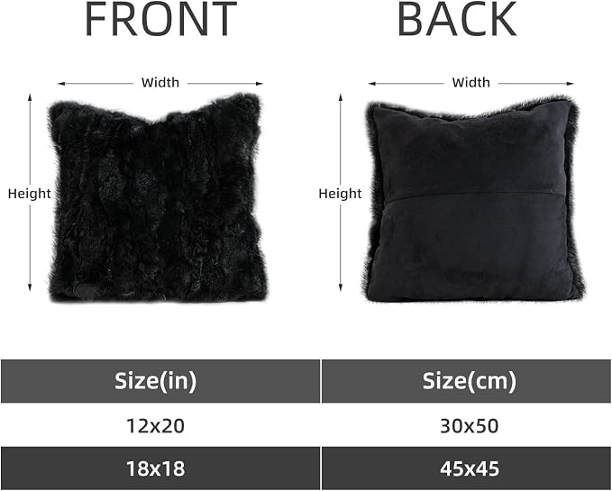 Genuine Rabbit Fur Throw Pillow Covers Set of 2,Luxury Decorative Pillowcases Soft Fluffy Animal Skin Accents Square Cushion Cover for Couch Sofa Bedroom Living Room Home,18x18 inch,Black