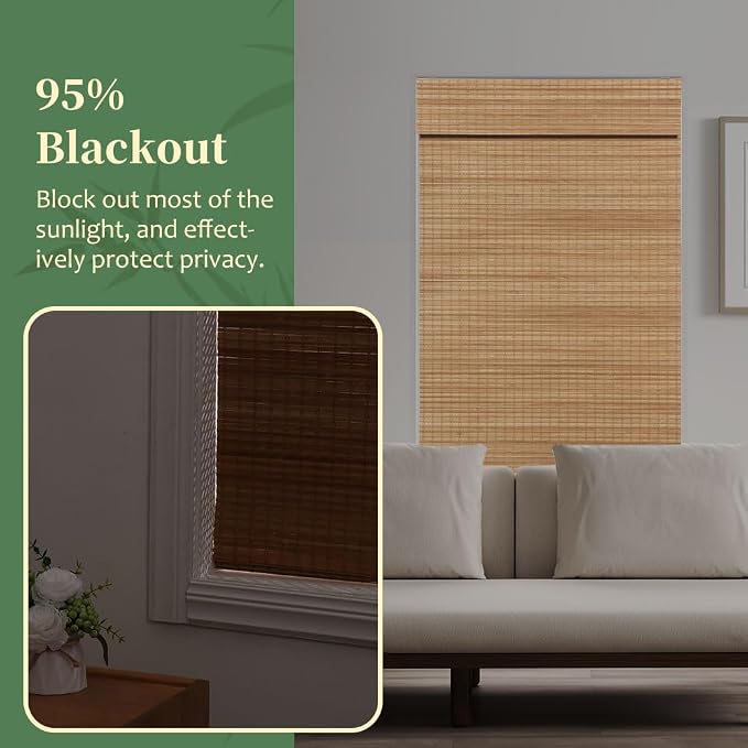 AGESISI Bamboo Roman Shades with Valance Cover, Cordless Blinds for Indoor Windows, Blackout Woven Wood Shades for Home & Patio, Privacy Protection, 23" W x 64" H, Carbonized
