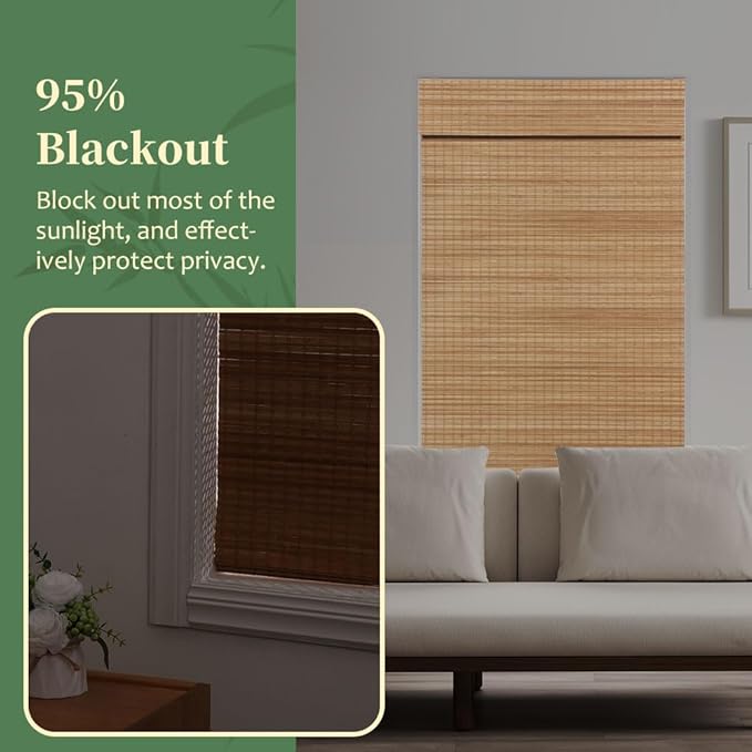 AGESISI Bamboo Roman Shades with Valance Cover, Cordless Blinds for Indoor Windows, Blackout Woven Wood Shades for Home & Patio, 41" W x 64" H, Privacy Protection, Carbonized