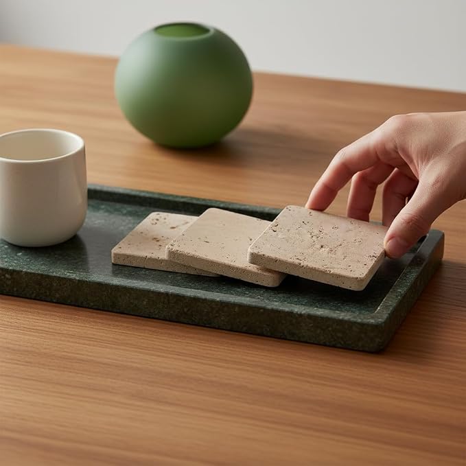 Marble Coasters Set of 6 Square 3.5 Inch Travertine Coaster for Drinks, Ideal Stone Drink Coasters for Gifts, Dining Table & Home Décor (Travertine Coasters Only)