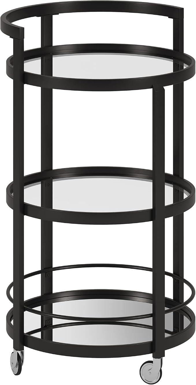 Henn&Hart 21" Modern Round 3-Tier Portable Bar Cart Home Bar Serving Cart for Home with Glass Shelves, Handle, and Caster Wheels for Dining Room, Living Room, or Kitchen, Black