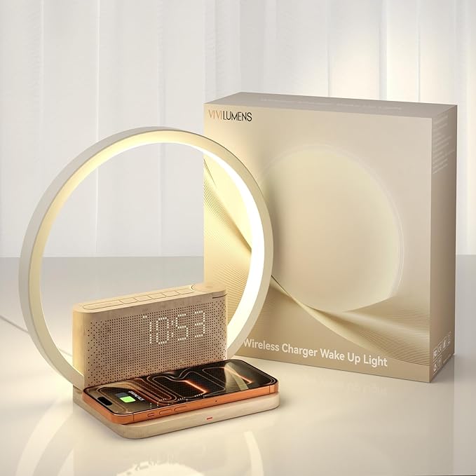 Vivilumens Sunrise Alarm Clock Wireless Charger, 10 White Noise Sound Machine Alarm Clock with 30/60/90 Mins Timer, 3 Levels Touch Night Light Dual Clocks for Heavy Sleeper Bedroom Decor Gift for Her
