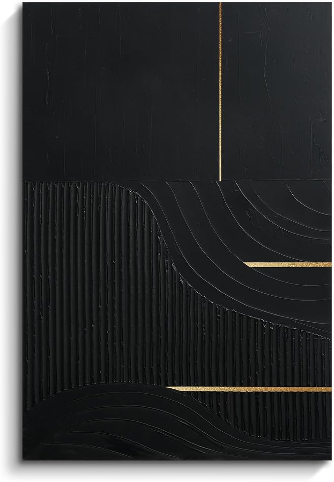 Hand-Painted Black & Gold Abstract Wall Art, Modern Textured Oil Painting | Original Vertical Canvas Artwork for Dining Room Bedroom Office, Minimalist Large Wall Decor for Living Room, 24x36 In