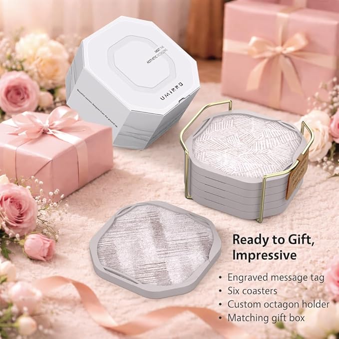 UMIRRO Absorbent Drink Coasters Set of 6 with Holder – Romantic Thoughtful and Sentimental Gifts, I Love You Gifts - Coffee Table & Desk Home Decor, 4” - Choose You