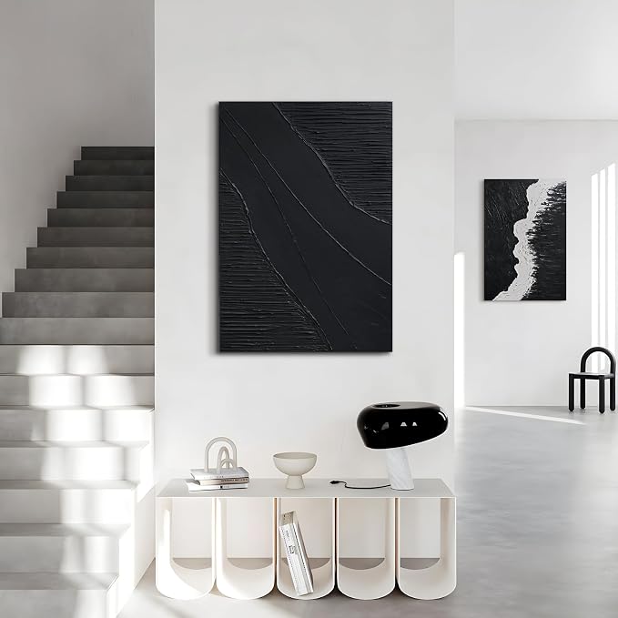 Hand-Painted Black Abstract Canvas Wall Art, Modern Minimalist Oil Painting | Vertical 3D Textured Monochrome Artwork for Living Room Bedroom Office Hallway, Large Ocean-Inspired Wall Decor, 24x36 In