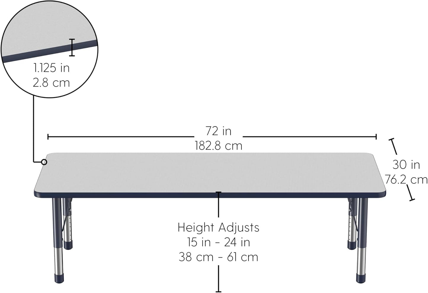 FDP Rectangle Activity School and Classroom Kids Table (30 x 72 inch), Chunky Toddler Leg, Adjustable Height 15-24 inches - Gray Top and Navy Edge
