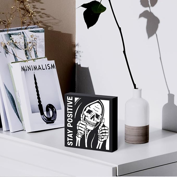Funny Desk Decor For Men Decorations Inspirational Skeleton Man Wooden Box Sign Plaque Stay Positive Black Wood Box Sign Rustic Art Home Office Shelf Desk Decor 5 x 5 x 1.2 Inches
