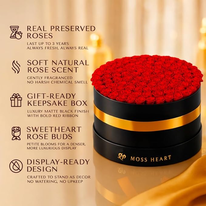 100 Petite Preserved Roses, Large Round Shaped Box, Real Forever Roses Last 1+ Year, Romantic Gift for Women, Wife, Girlfriend, Mother’s Day, Birthday, Anniversary, Valentine’s Day
