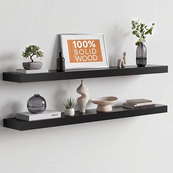 Homeforia Floating Black Shelf 42 inch, High End Solid Real Wood 42 inches Long Floating Shelves for Wall, Black Wooden 42inch Large Floating Shelves, Heavy Duty Bracket, 42 X 6.5 X 1.75 in, Set of 2