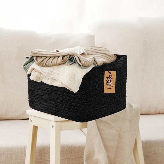 COMFY-HOMI 3PACK Cotton Rope Woven Basket With Handles for Shelves, Toy, Book, Cloth Storage Basket for Organizing|13.5" x 11" x 9.5" For Living Room（all Black）