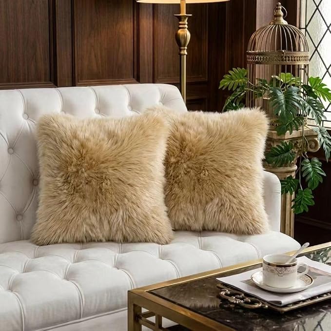 Luxury Soft Fur Sheepskin Fleece Cushion Cover Pillowcase Decorative Throw Pillows Covers, No Pillow Insert, 1pc (Khaki Camel, 18"×18")