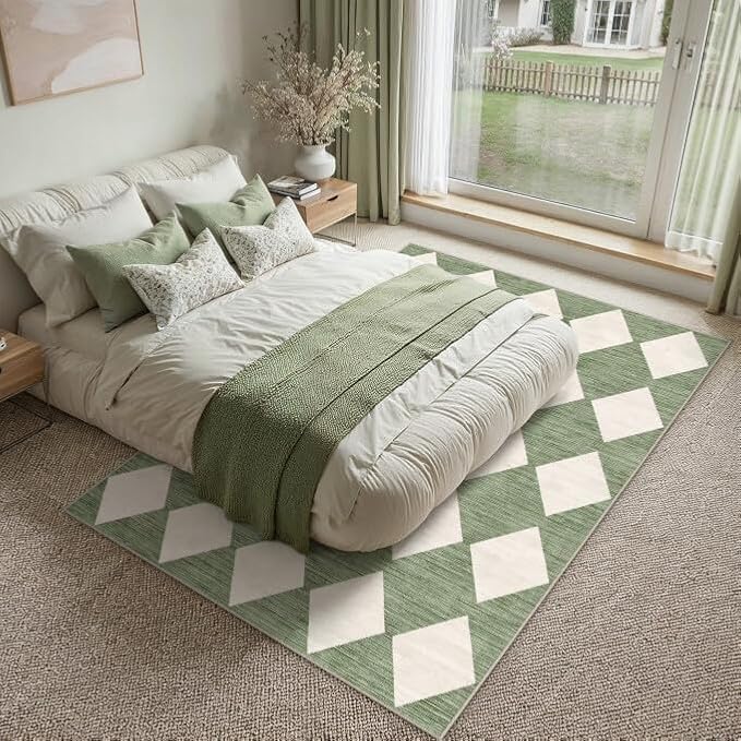PureCozy Machine Washable 8x10 Area Rugs for Living Room Modern Soft Green and White Checkered Rug Non-Slip Low Pile Accent Indoor Office Carpet for Bedroom Dining Room Nursery Classroom