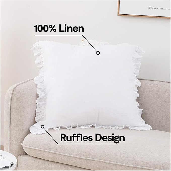 100% French Linen Throw Pillow Covers - Set of 2 - Washed Flax Decorative Ruffled Square Cushion Cover Solid Color Soft Breathable - White, 18'' x 18''