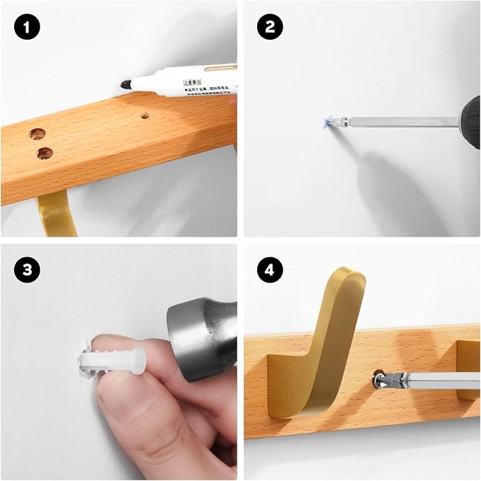 Coat Rack Wall Mounted,Beech Wood Heavy Duty Wall Hooks, Metal Coat Hook Rail with 5 Hooks for Hanging Coats, Backpacks, Dog Leashes, Entryway, Bathroom, Bedroom, Closet Room