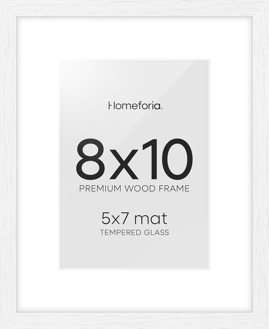 Homeforia 8x10 Picture Frame White, High End Oak 8 x 10 Wooden Frames with Mat 5 by 7 Print, 8x10 Wood Frame Matted to 5x7 inch Photo, 8by10 Wall or Tabletop Frames, Tempered Glass, Wall Kit, Set of 1