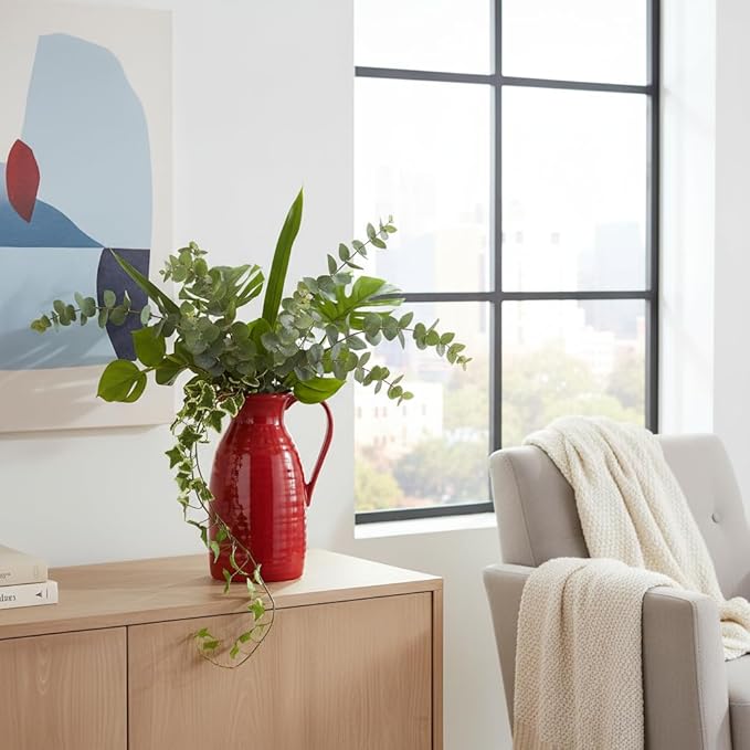 hjn hjn Farmhouse Pitcher Vase for Flowers- Ceramic Pitcher Vase Red Decorative Pitcher for Your Kitchen/Home Decor/Office/Living Room/Bookshelf/Mantel/-Red