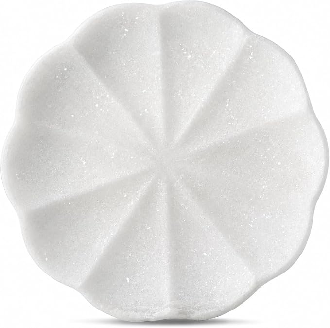 Koville Marble Tray, 8" Round Scalloped Marble Vanity Tray for Jewelry Trinket Perfume, Natural Stone Tray for Bathroom Kitchen Dresser Countertop, Decorative Catchall Tray Home Decor(White)