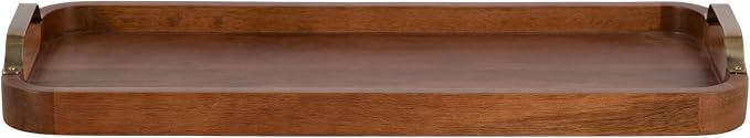 Kate and Laurel Farson Modern Decorative Wood Rectangle Tray with Handles; 10 x 24; Walnut Brown and Antique Brass; Transitional Rectangular Tray for Use as Entryway Tray Decor or Ottoman Serving Tray