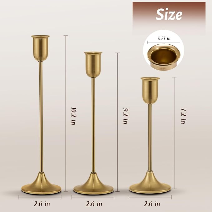 Brass Gold Candlestick Holders Set of 6, Metal Taper Candle Stick Holder | Vintage Modern Candle Holder Decor for Table Centerpiece, Fireplace Mantel Wedding Housewarming Gift, Candlelit Dinner Décor