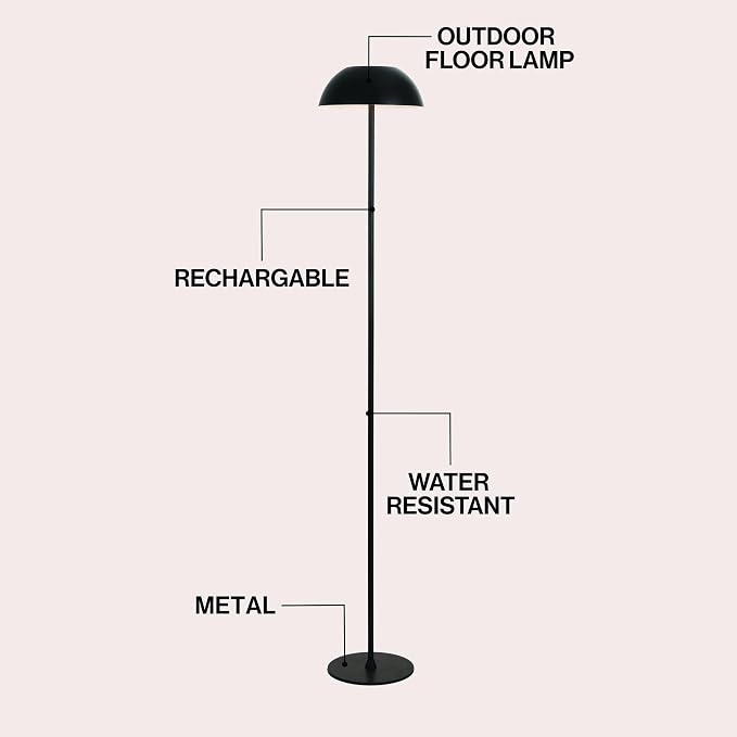 JONATHAN Y Laurel 59" Contemporary Minimalist Mushroom Metal Outdoor Floor Lamp, Black, Rechargeable Cordless and Dimmable with Integrated LED, Weather Resistant for Patio JYL7165B