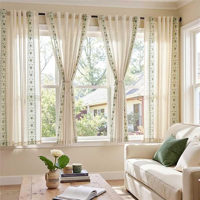 jinchan Weslie Boho Curtains for Bedroom Sage Green Vintage Floral Farmhouse Curtains 72 Inches Long Linen Drapes for Living Room Embroidered Drapes Light Filtering Sage on Beige 2 Panels