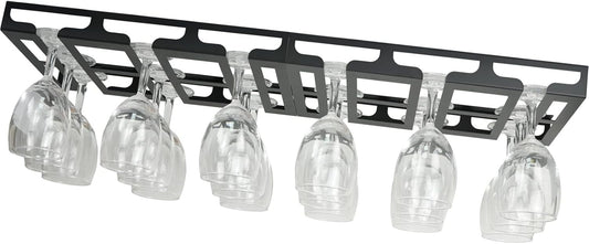 Wine Glass Holder - Hangers Under Shelf Cabinet Stemware Wine Glass Rack Glasses Storage Hanger Metal Hanging Organizer for Bar Kitchen 3 Rows 2 Packs Black