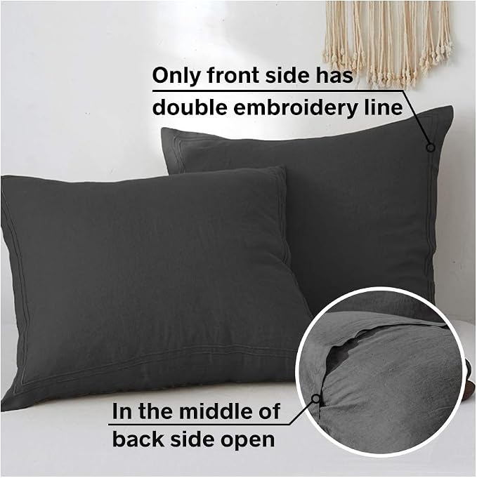 Simple&Opulence 100% French Linen Euro Shams with Embroidery (26'' x 26'') - Pack of 2 - Pre Washed Solid Color Natural Flax Soft Breathable - Dark Grey