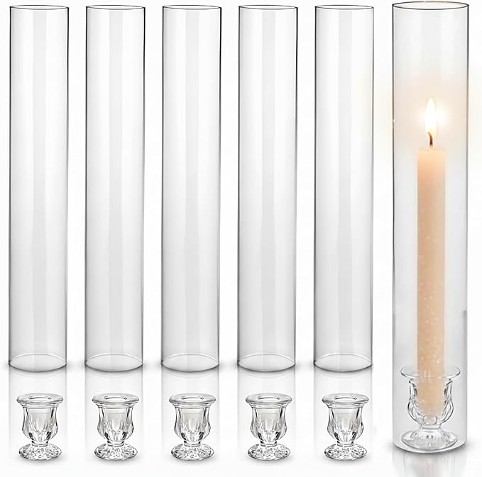 CHILL RECIPE Hurricane Glass Candle Holders-Set of 6 Tall Taper Candle Holder with 12” Tall Clear Cylinder Covers for Wedding Table Centerpiece Home Decor (Floral Base+Clear Chimney)