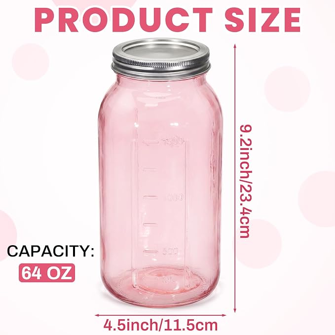 Norme 6 Pcs 64 oz Glass Mason Jars Glass Mason Jars Canning Container Set Embossed Half Gallon Fermenting Container with Airtight Lids for Canning Freezing Preserving Beverages Decor (Pink)